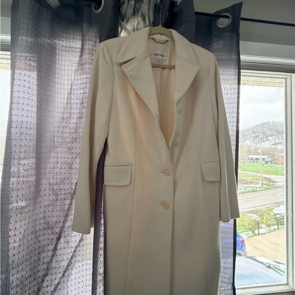 Calvin Klein Cream Single-Breasted Wool-Blend Long Coat - Picture 1 of 13